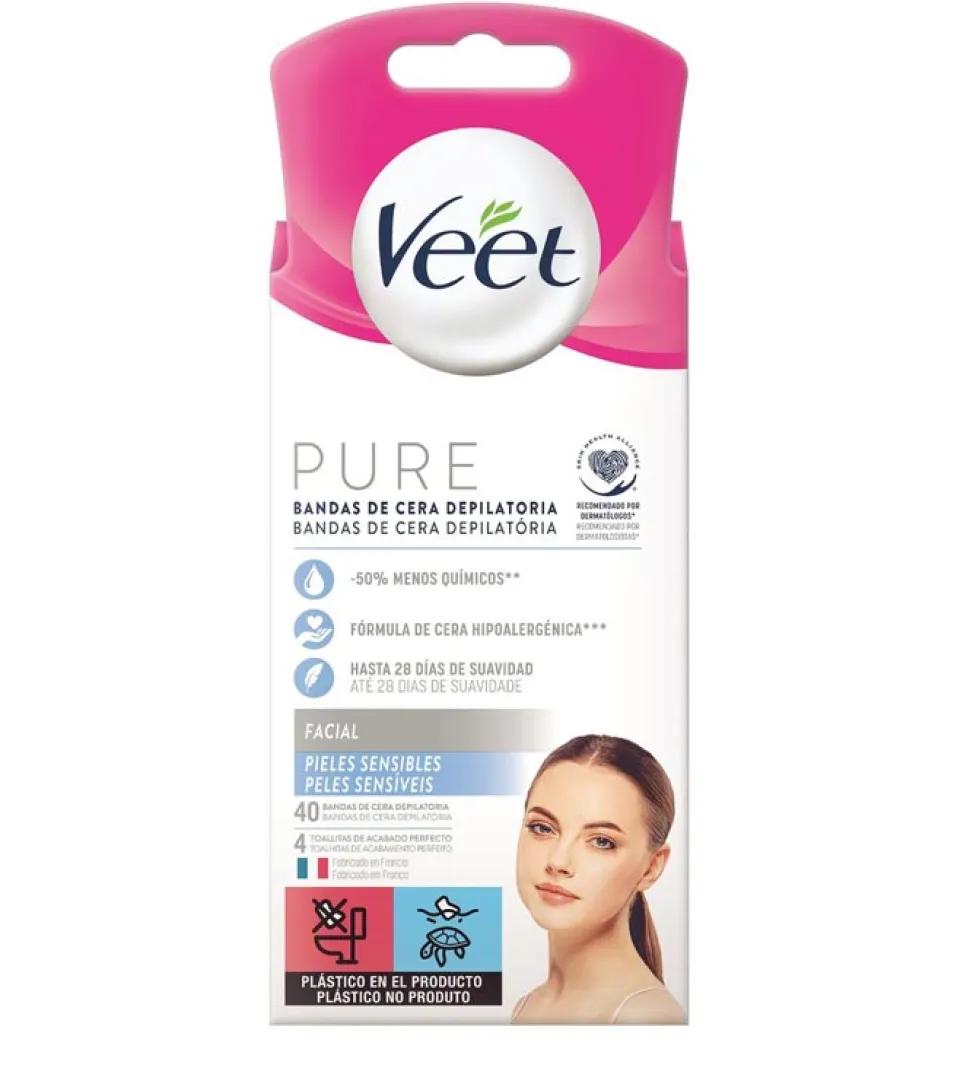 Bandas de cera depilatoria faciales Pure - Pieles sensibles (40u)