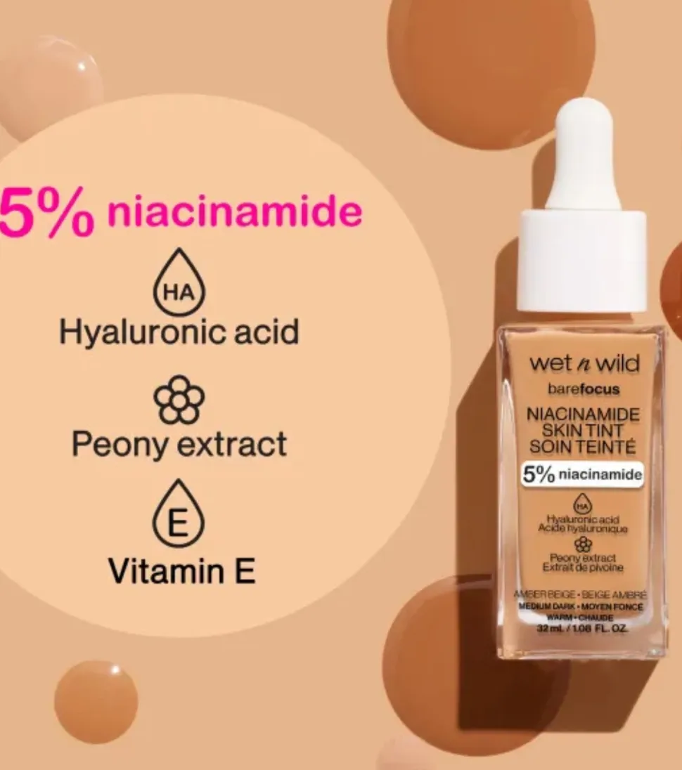 Wet N Wild - Base de maquillaje Bare Focus Niacinamide Skin Tint - Deep